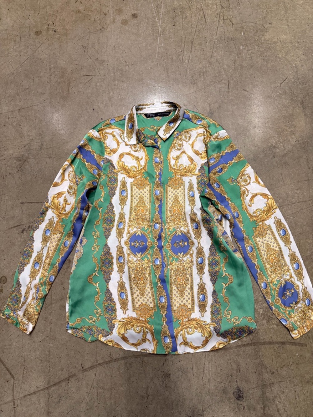 Zara Green White Blue Gold Baroque Print Silk-Look Blouse